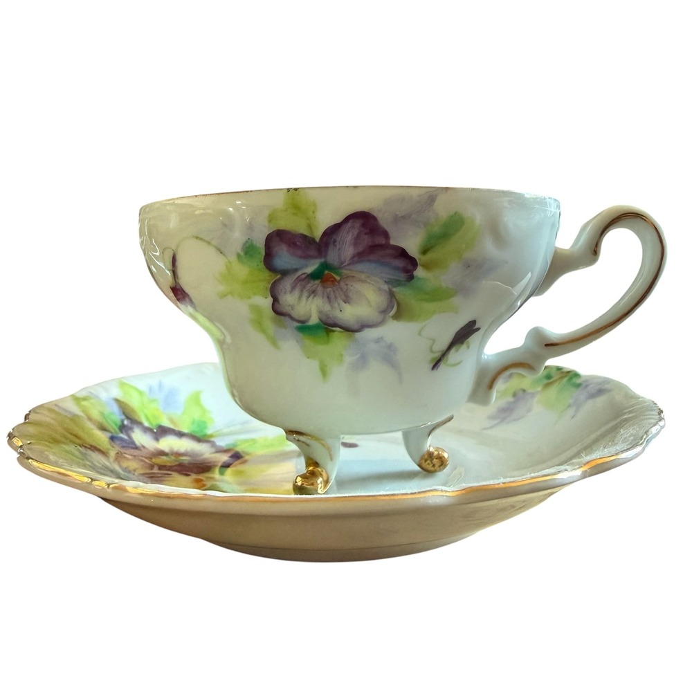 Princess China Occupied Japan Tripod Footed Teacup Saucer Hand Painted Pansy